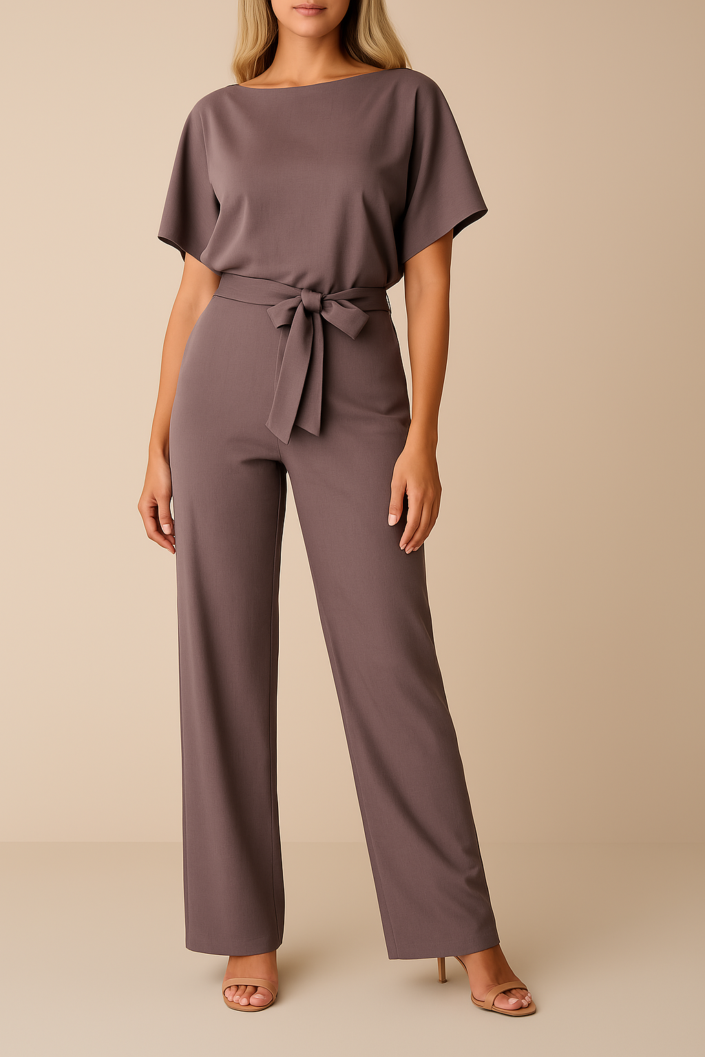 Salopetă cu Pantalon Larg pentru Femei cu Centură și Mâneci Scurte Stil Kimono