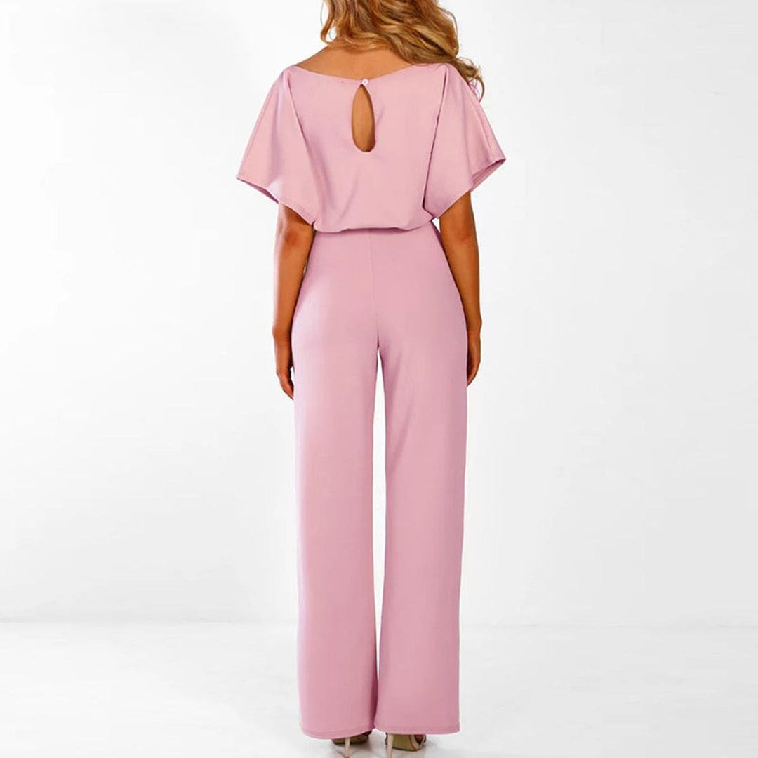 Women's short-sleeve jumpsuit — wide-leg with belt — casual