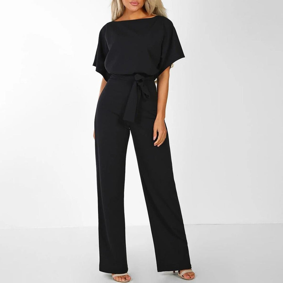 Women's short-sleeve jumpsuit — wide-leg with belt — casual