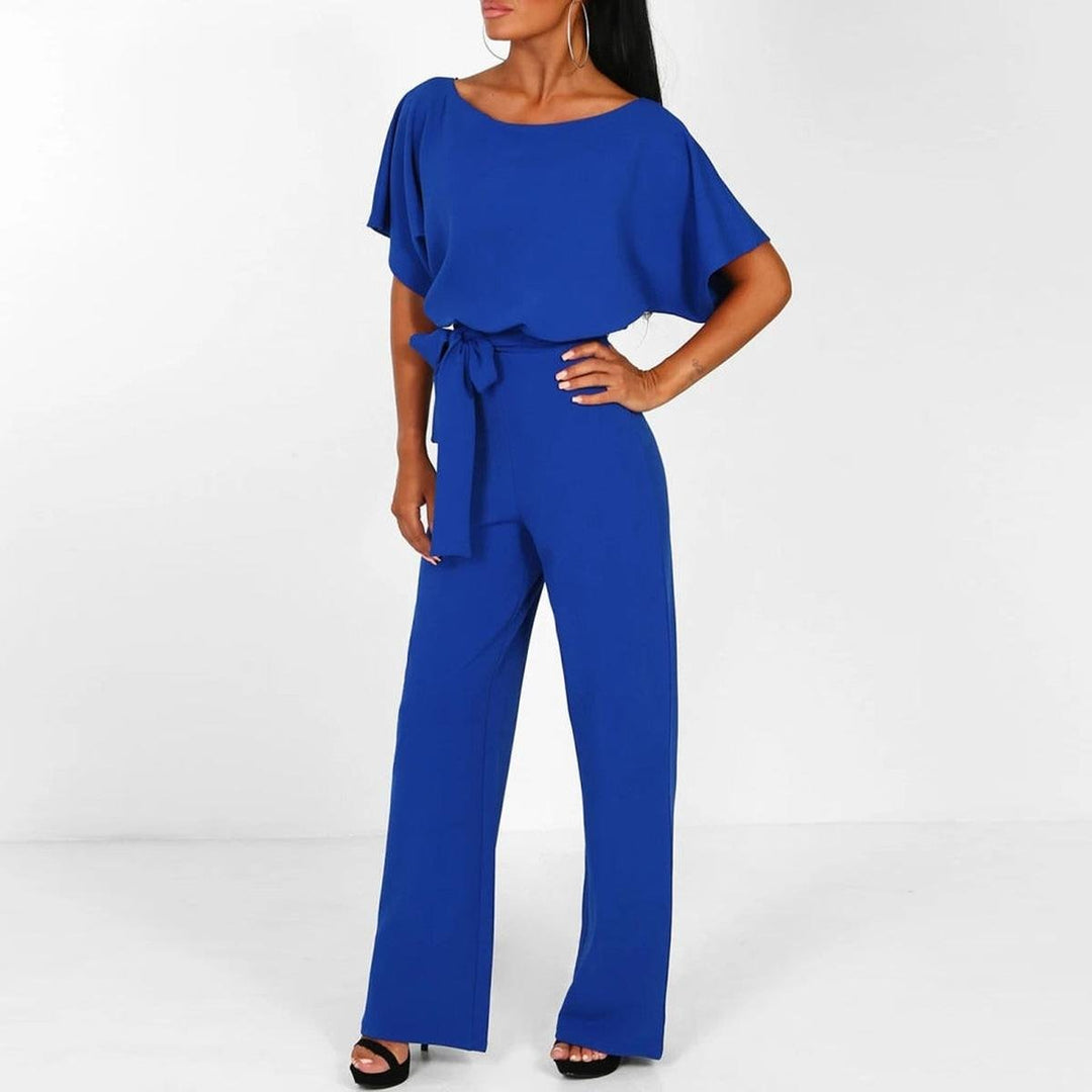Women's short-sleeve jumpsuit — wide-leg with belt — casual