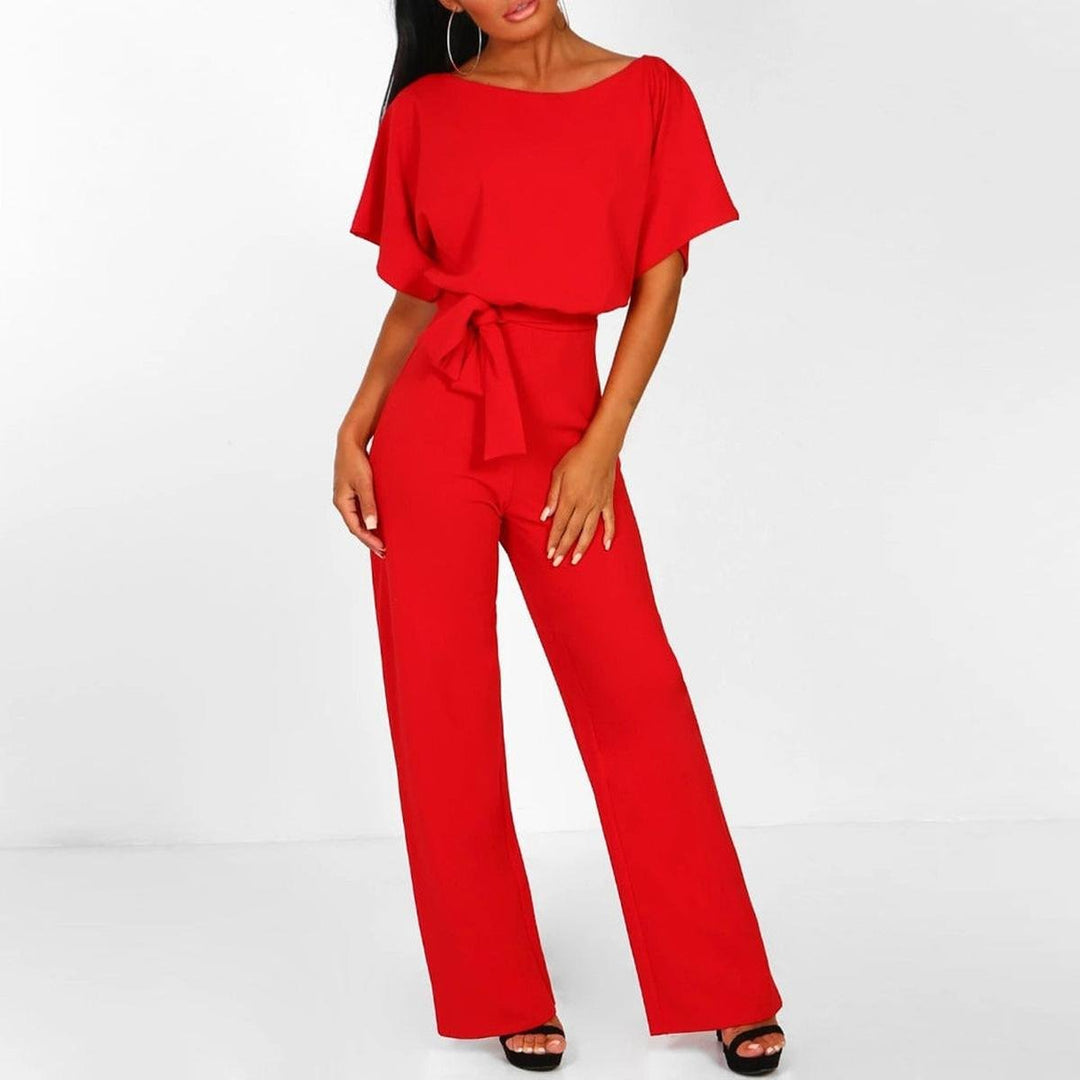 Women's short-sleeve jumpsuit — wide-leg with belt — casual