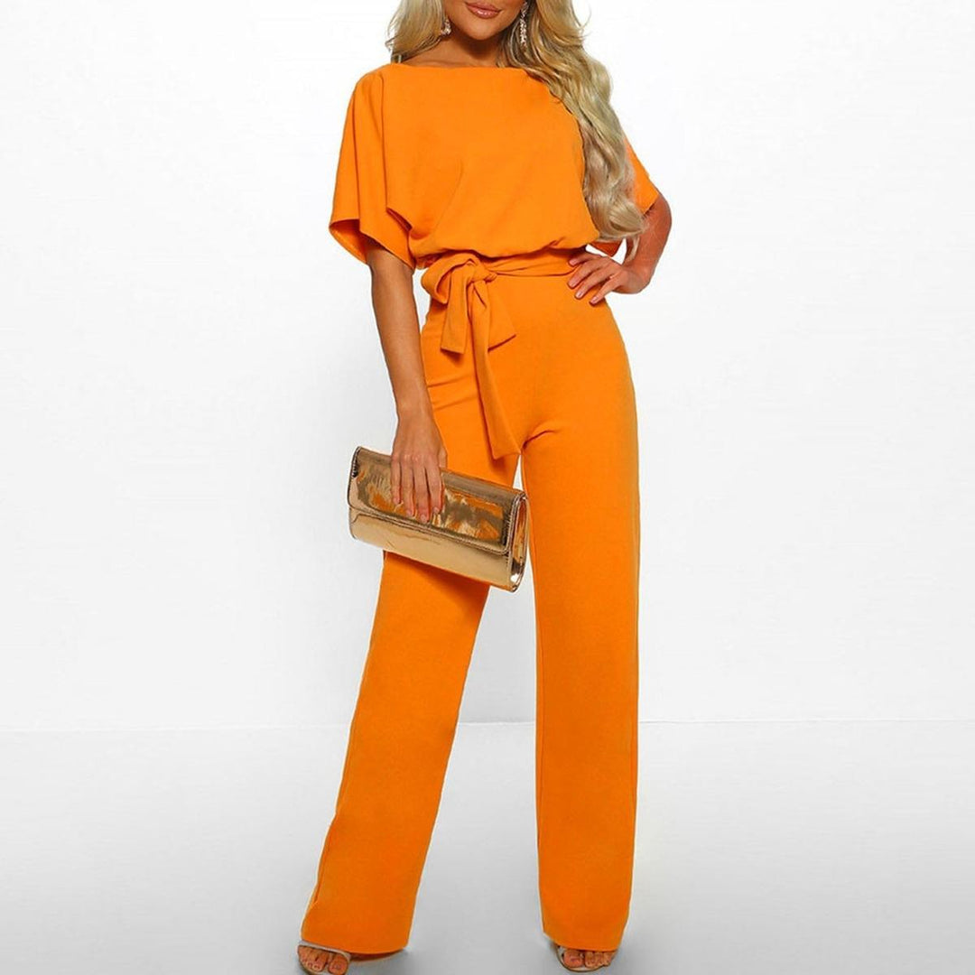 Women's short-sleeve jumpsuit — wide-leg with belt — casual