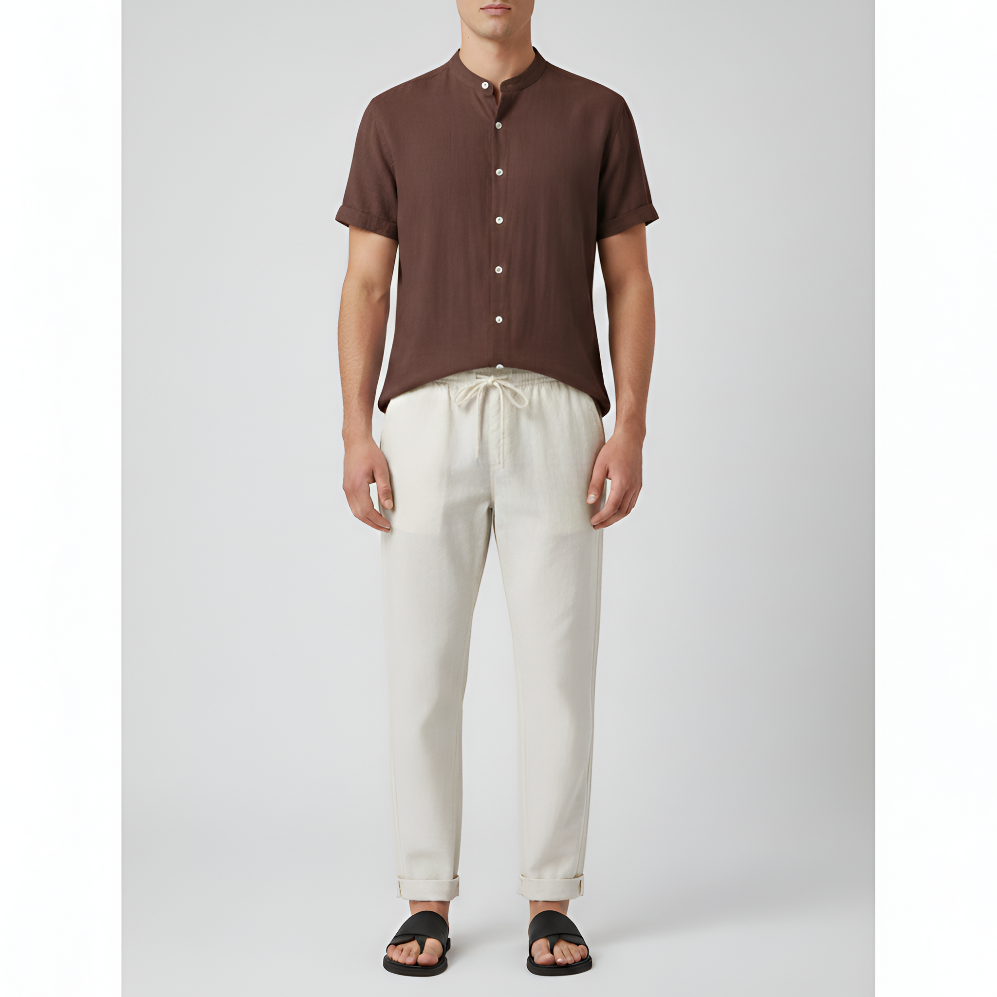 Camicia in Cotone da Uomo a Maniche Corte con Collo Mao e Chiusura con Bottoni