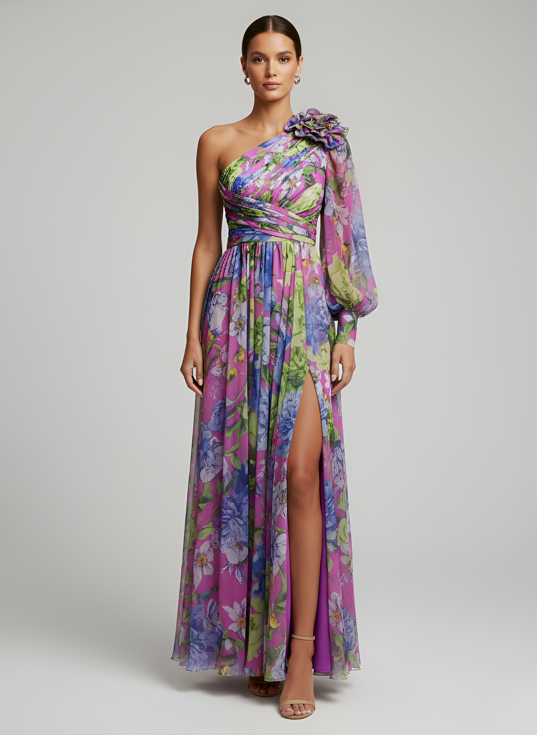 Vestido Largo para Mujer de Poliéster con Estampado Floral y Hombro Descubierto