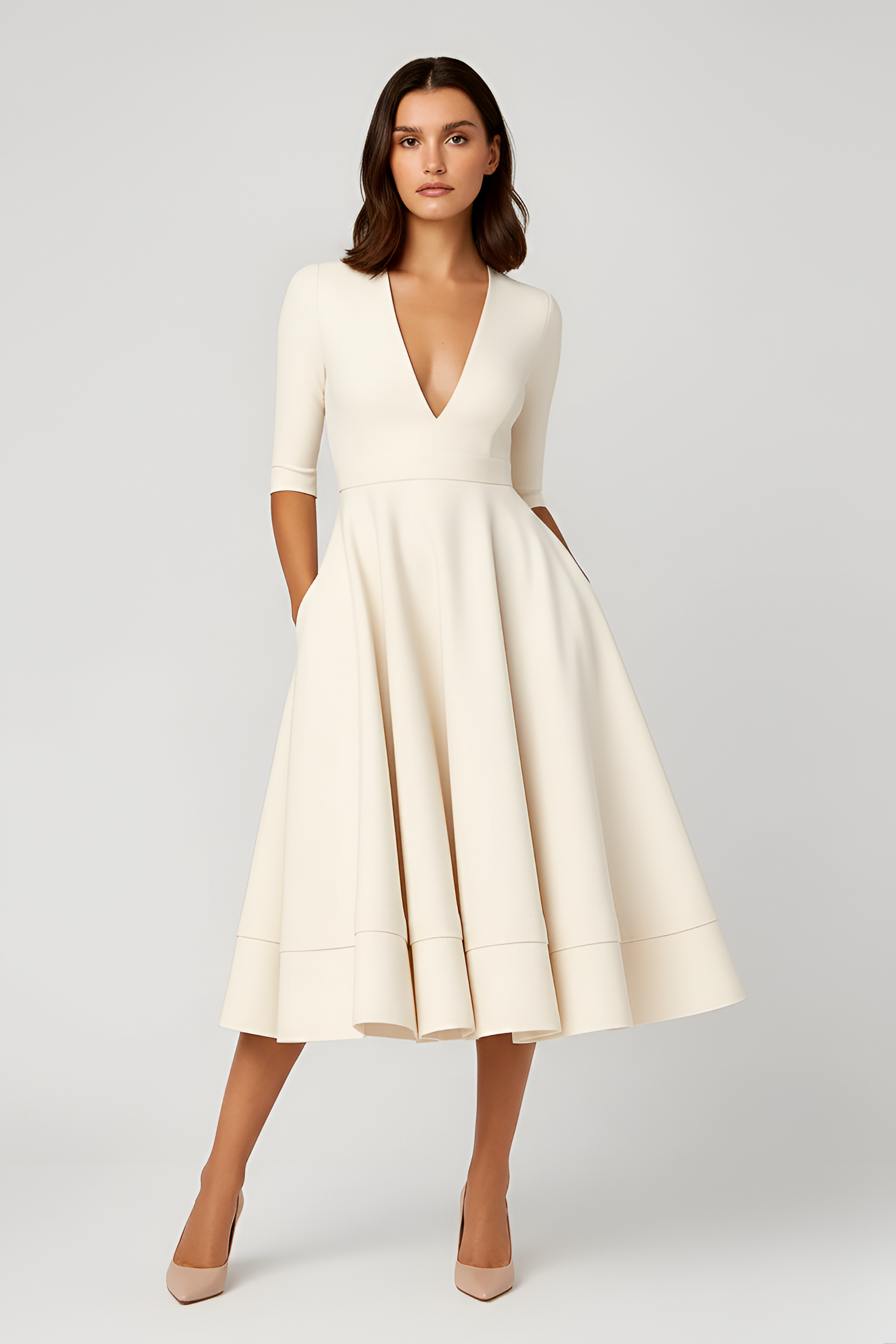 Polyester Midi Dress with V-Neck and Flared Skirt with Mid-Length Sleeves