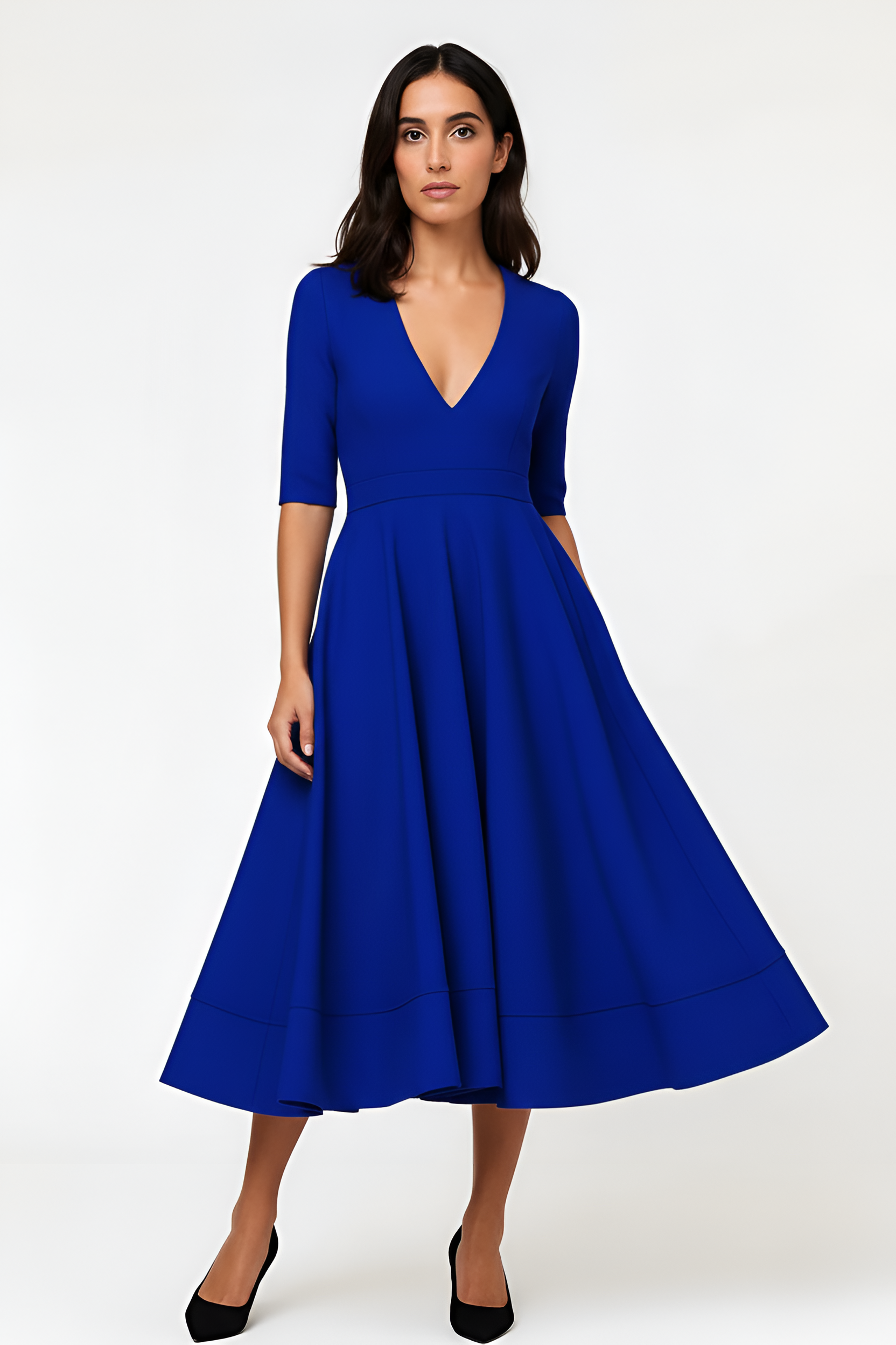 Vestido Midi de Poliéster con Cuello en V y Falda de Corte Evase con Mangas Medias