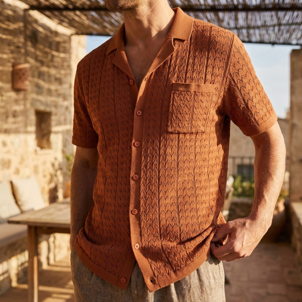 Polo de malha para homem com padrão geométrico e bolso — férias