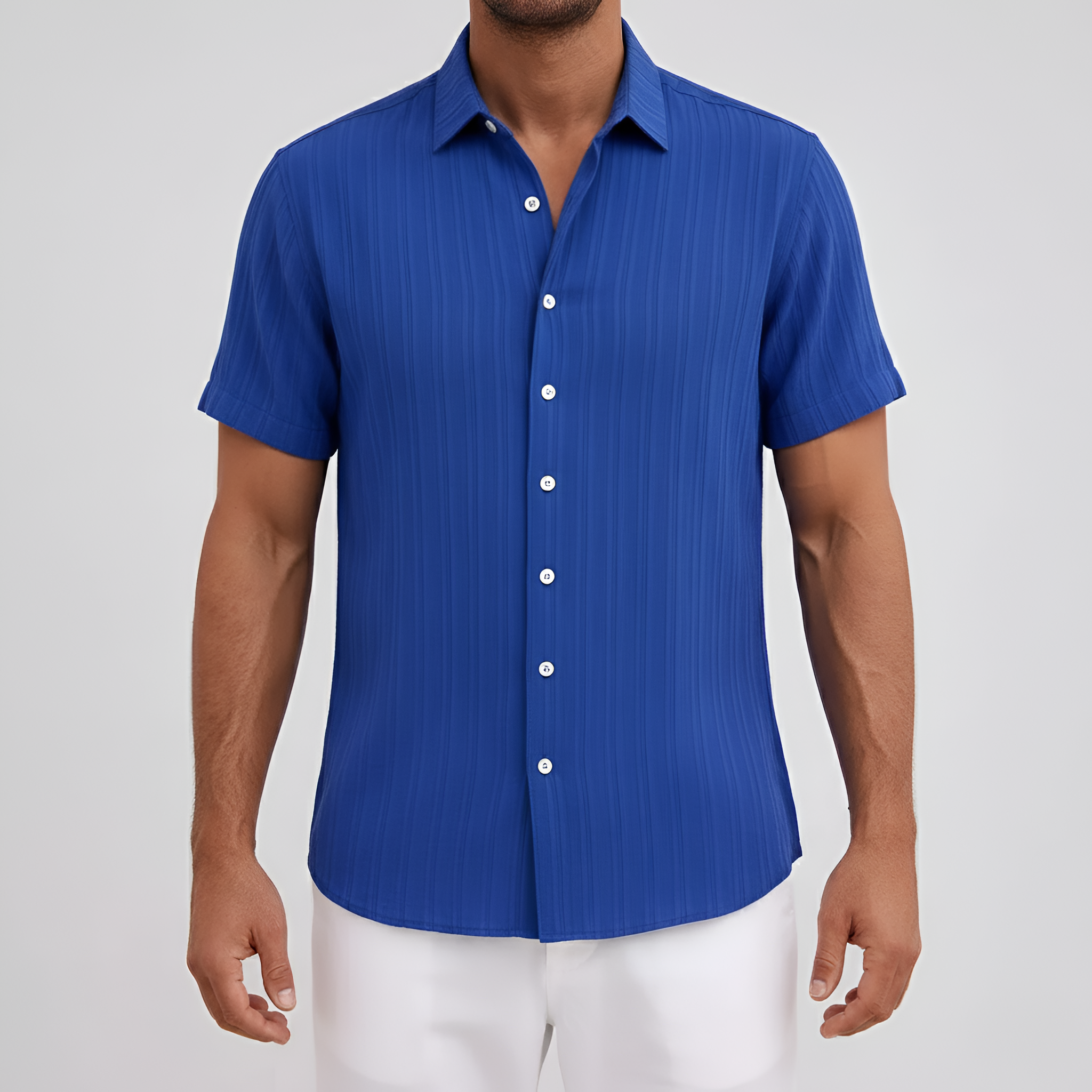 Chemise en mélange de coton pour homme à manches courtes avec col et boutons
