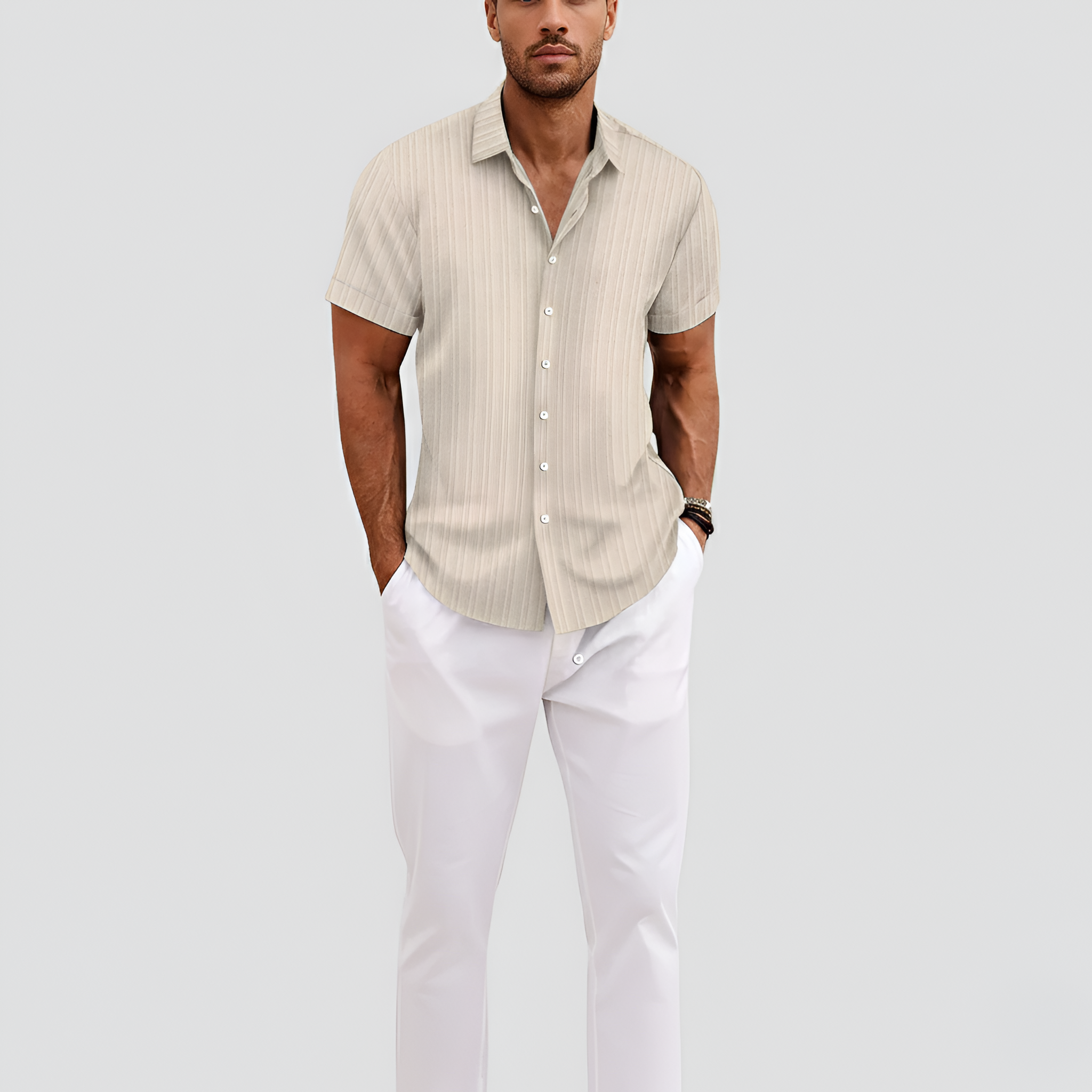 Chemise en mélange de coton pour homme à manches courtes avec col et boutons