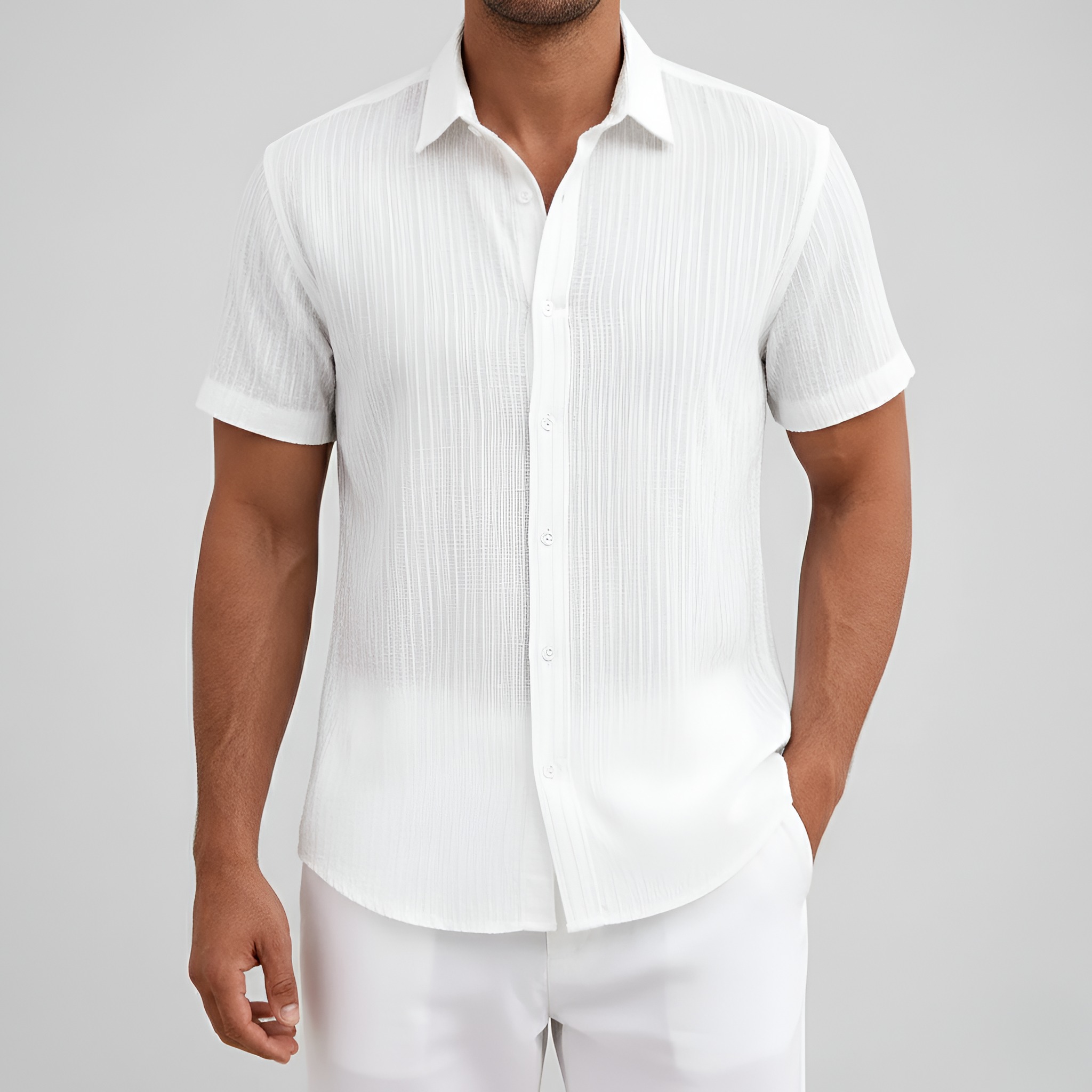 Chemise en mélange de coton pour homme à manches courtes avec col et boutons
