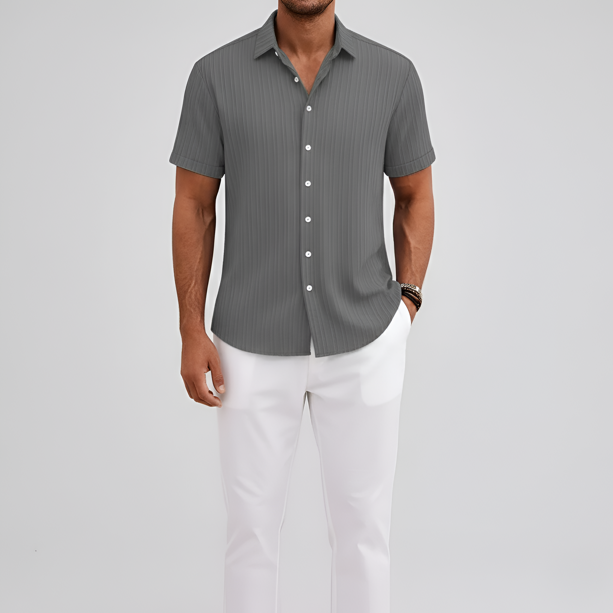 Chemise en mélange de coton pour homme à manches courtes avec col et boutons