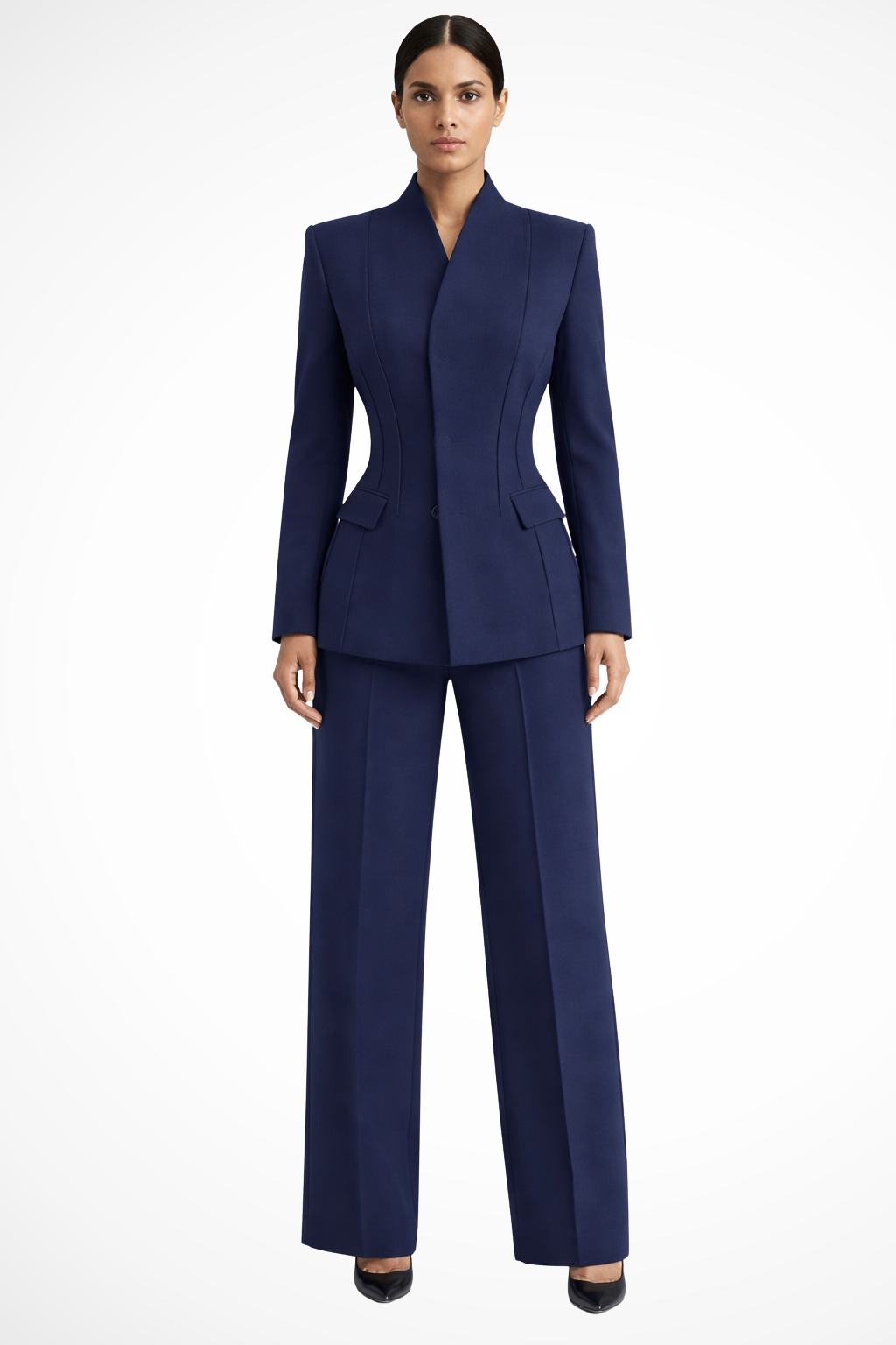 Costum din două piese pentru femei, sacou cambrat și pantaloni evazați