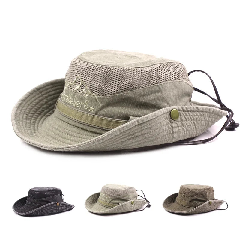 Cappello a secchiello unisex in cotone con rete traspirante per il sole, ideale per viaggi.