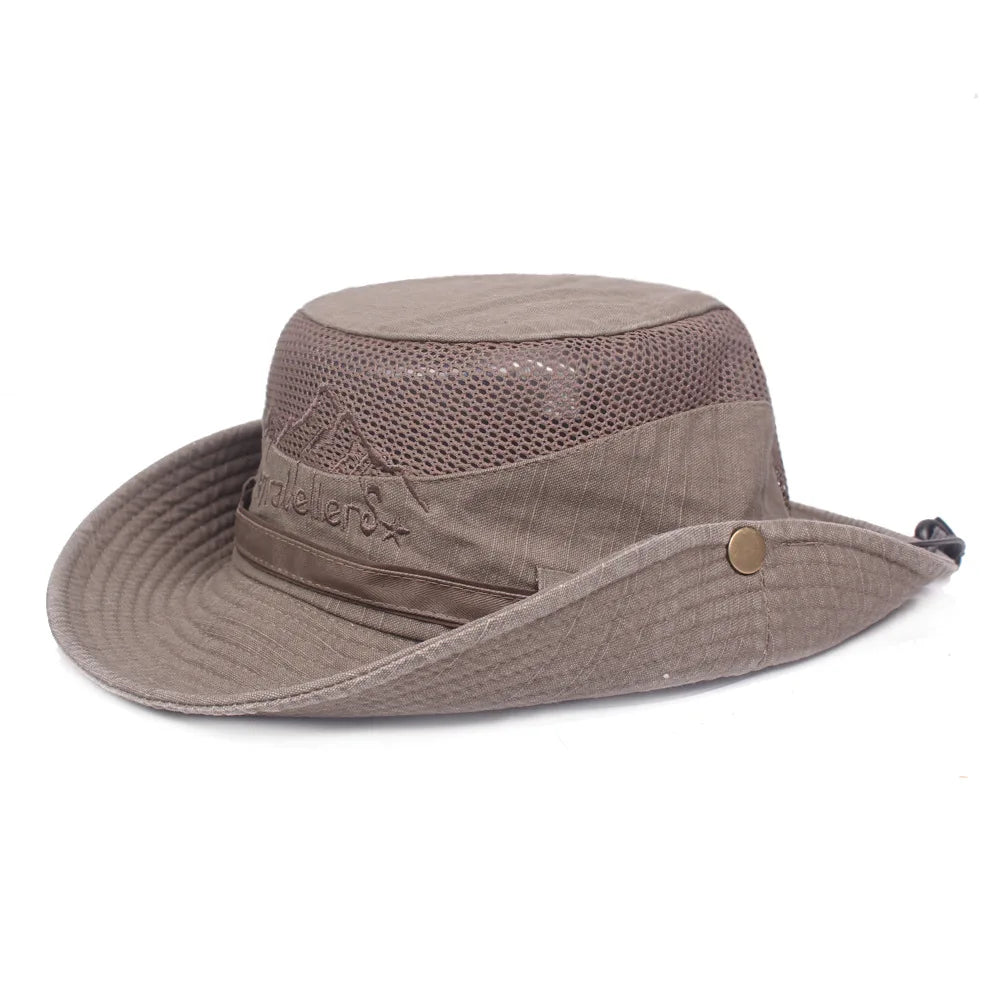 Cappello a secchiello unisex in cotone con rete traspirante per il sole, ideale per viaggi.