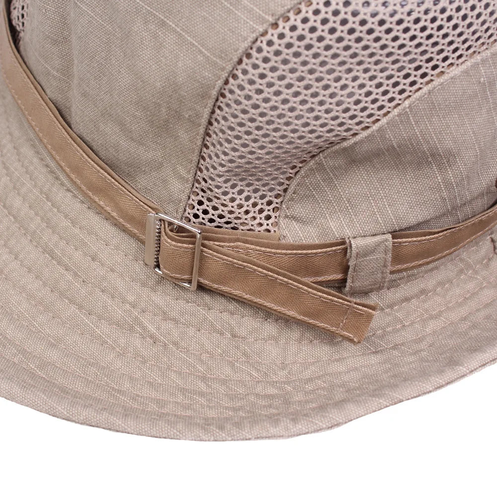 Cappello a secchiello unisex in cotone con rete traspirante per il sole, ideale per viaggi.