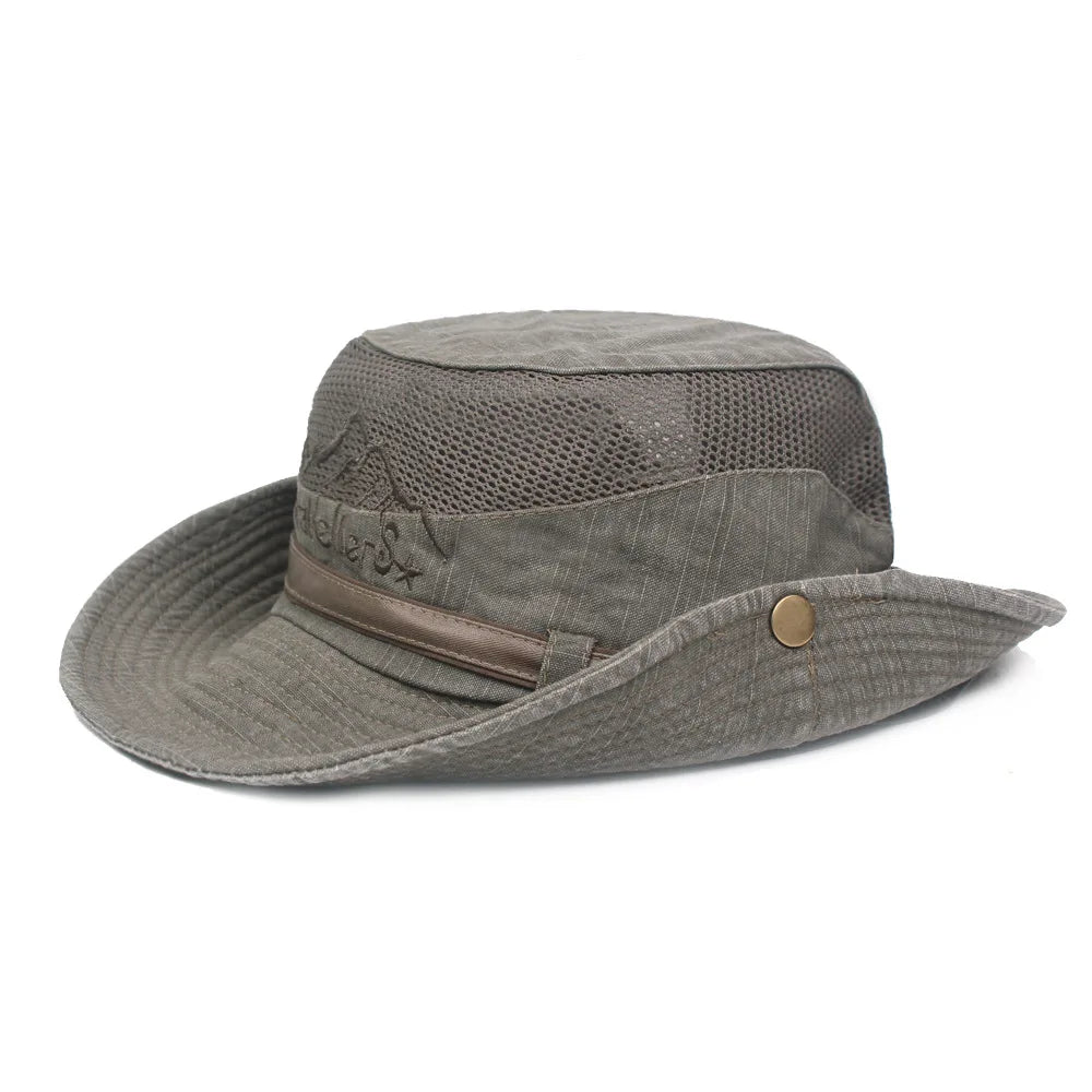 Cappello a secchiello unisex in cotone con rete traspirante per il sole, ideale per viaggi.