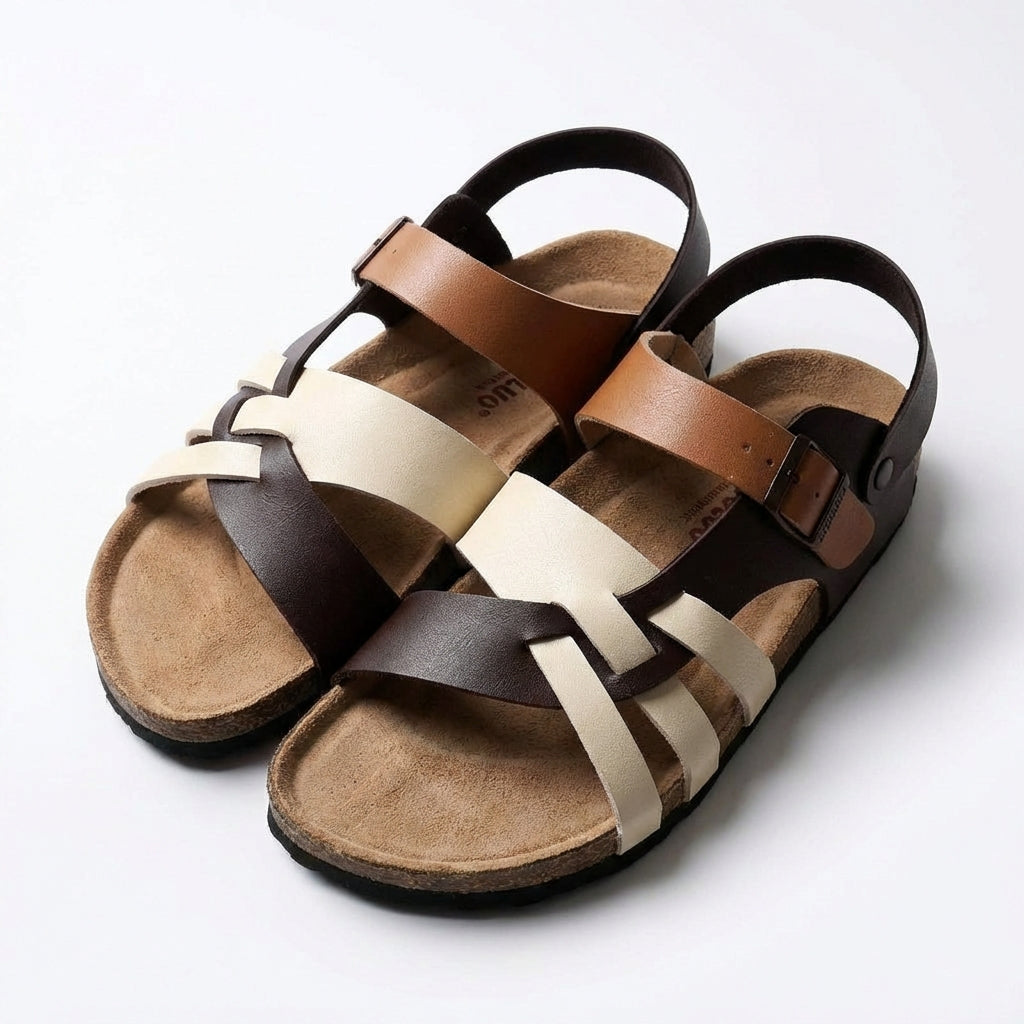 Sandali in Pelle con Cinghie Intrecciate e Suola in Sughero da Uomo con Fibbia