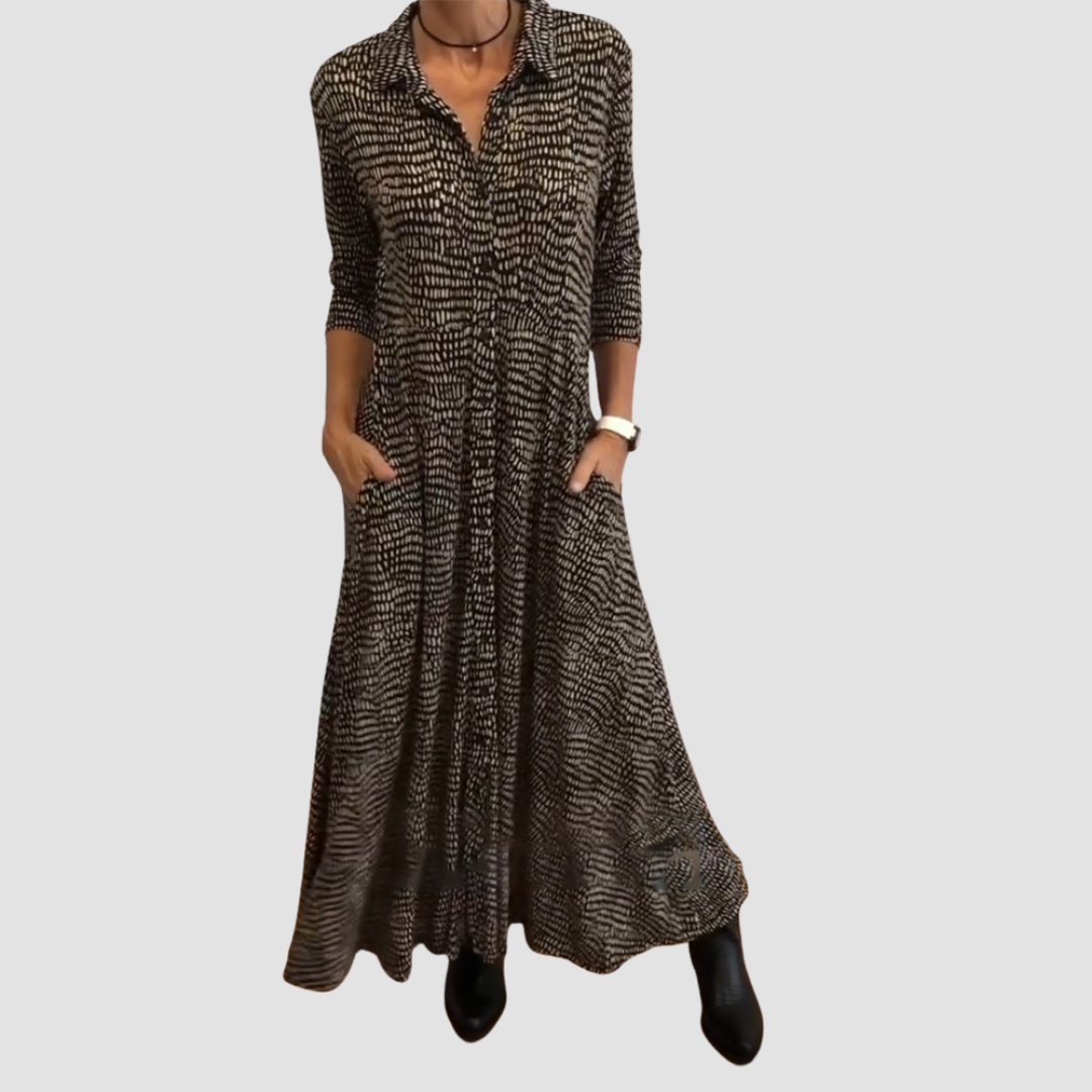 Rochie midi de damă cu mânecă medie, guler cămașă și buzunare laterale