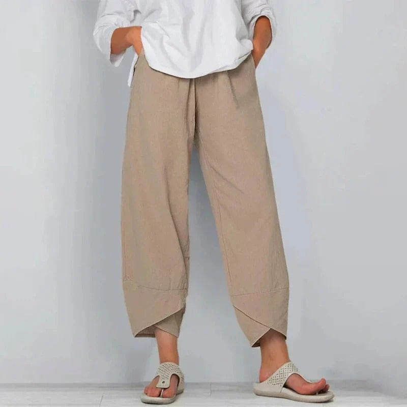 Pantaloni largi din in cu talie elastică și tiv încrucișat