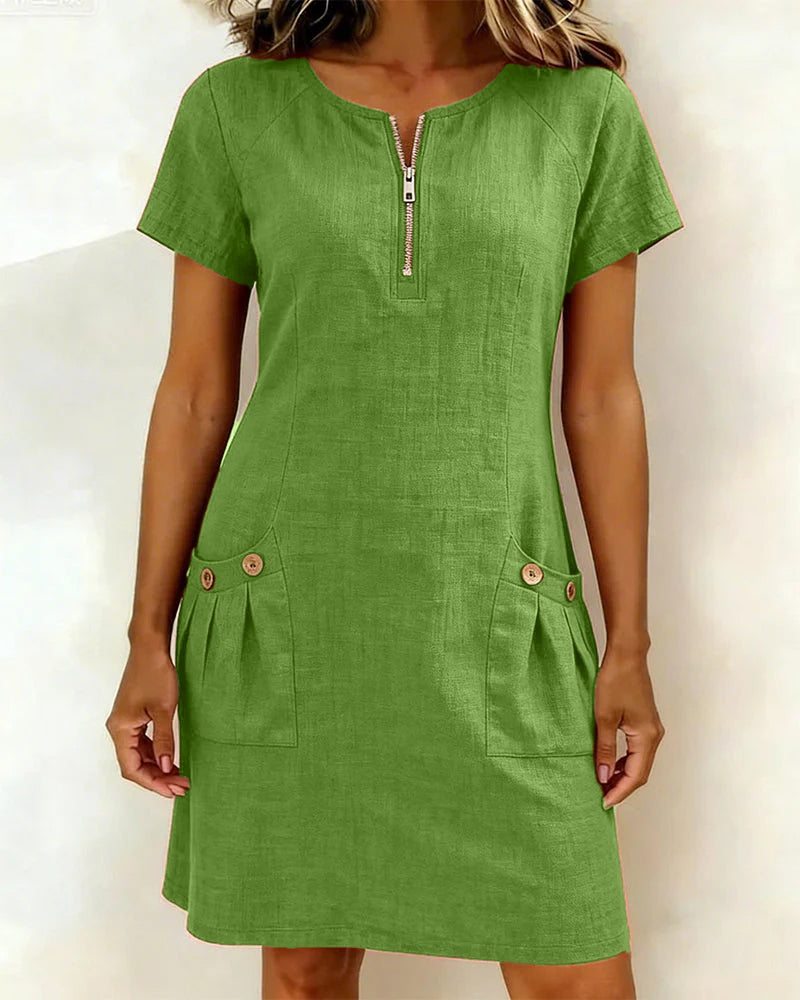 Robe en lin pour femme, coupe A avec fermeture éclair