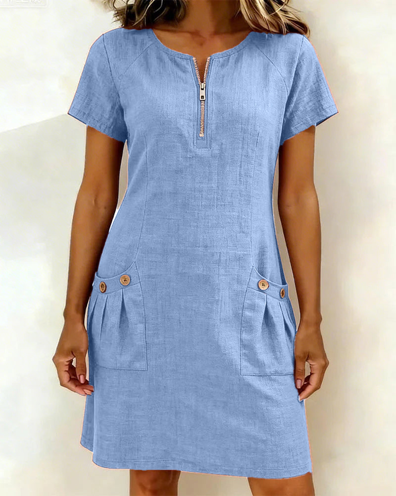 Robe en lin pour femme, coupe A avec fermeture éclair