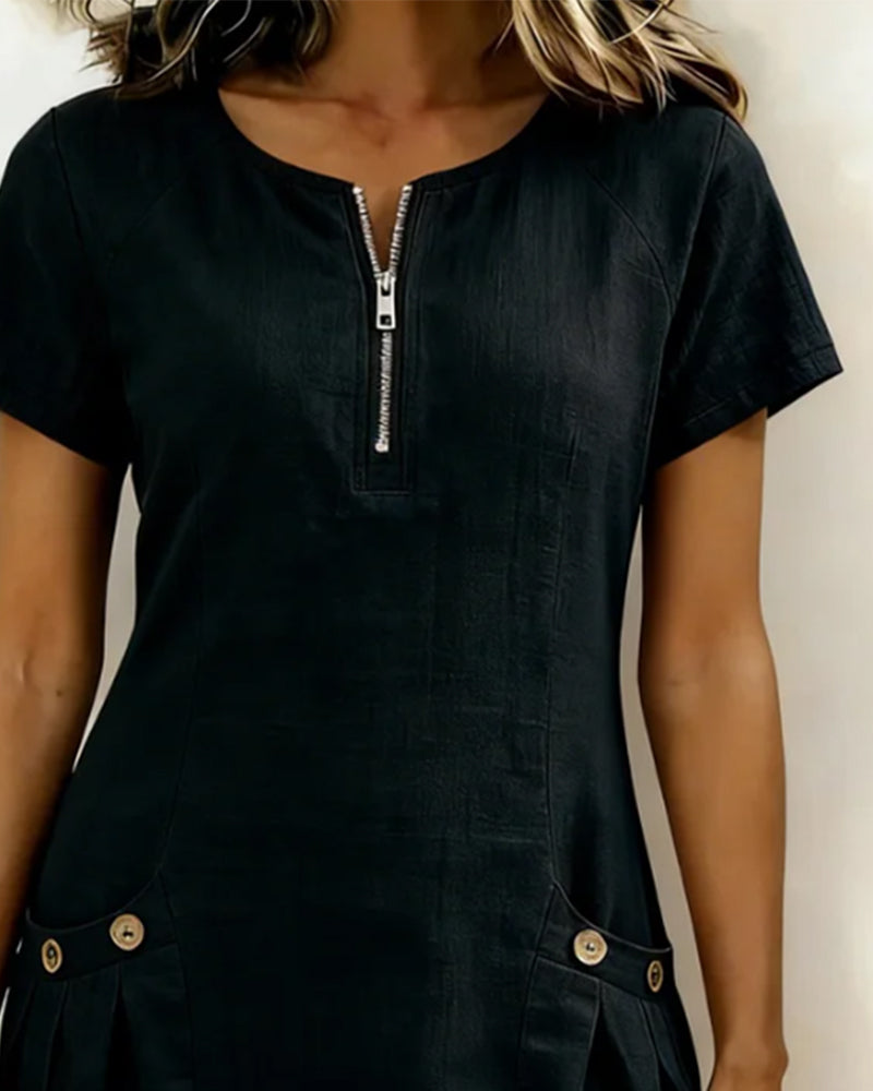 Robe en lin pour femme, coupe A avec fermeture éclair