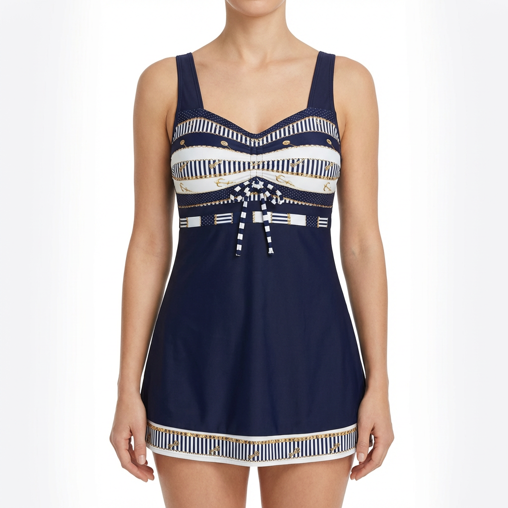 Costume Tankini a Due Pezzi con Stampa Nautica e Gonna Integrata da Donna