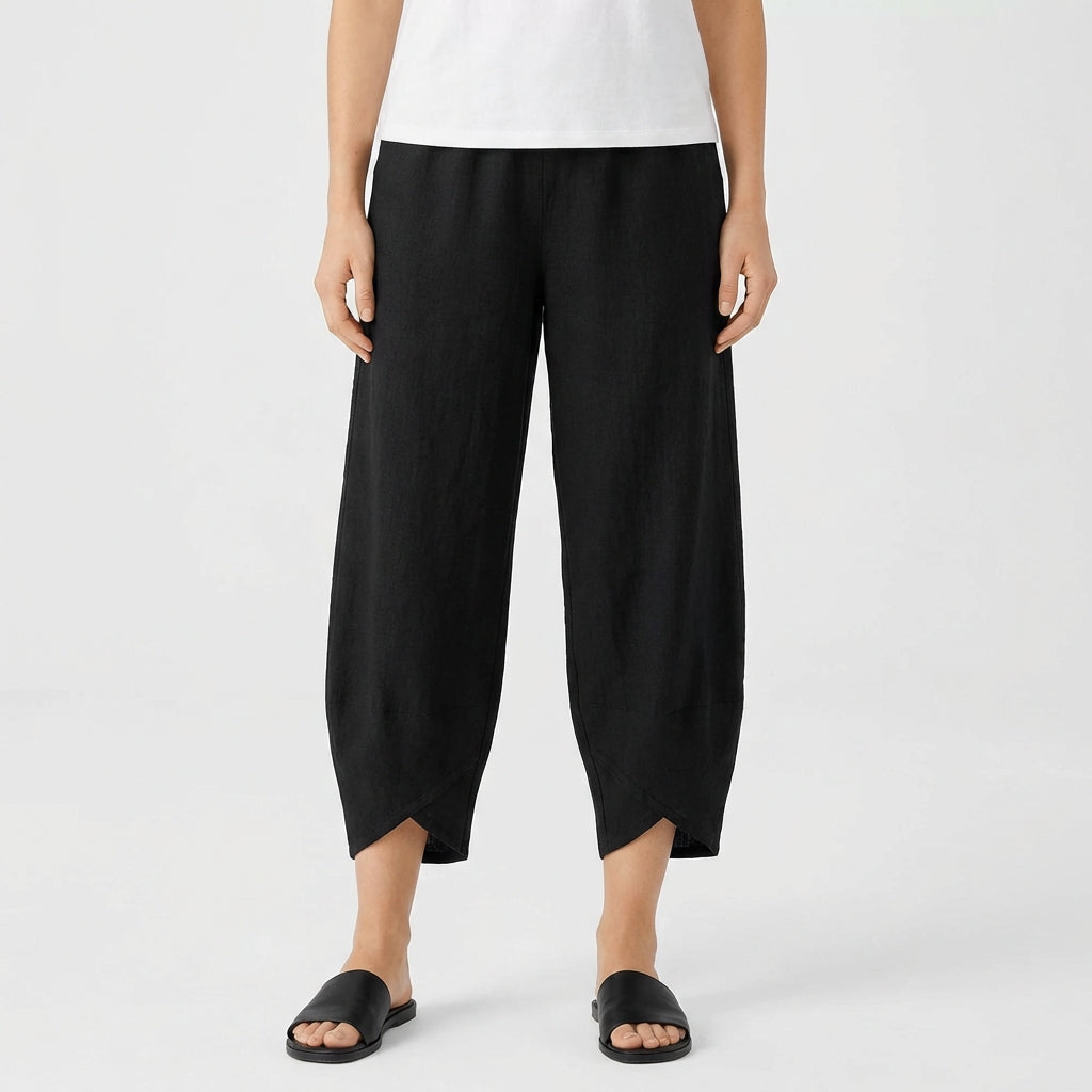 Pantaloni Culotte in Cotone e Lino da Donna con Orlo Asimmetrico e Vita Elastica