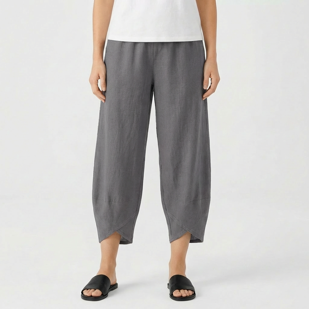 Pantaloni Culotte in Cotone e Lino da Donna con Orlo Asimmetrico e Vita Elastica