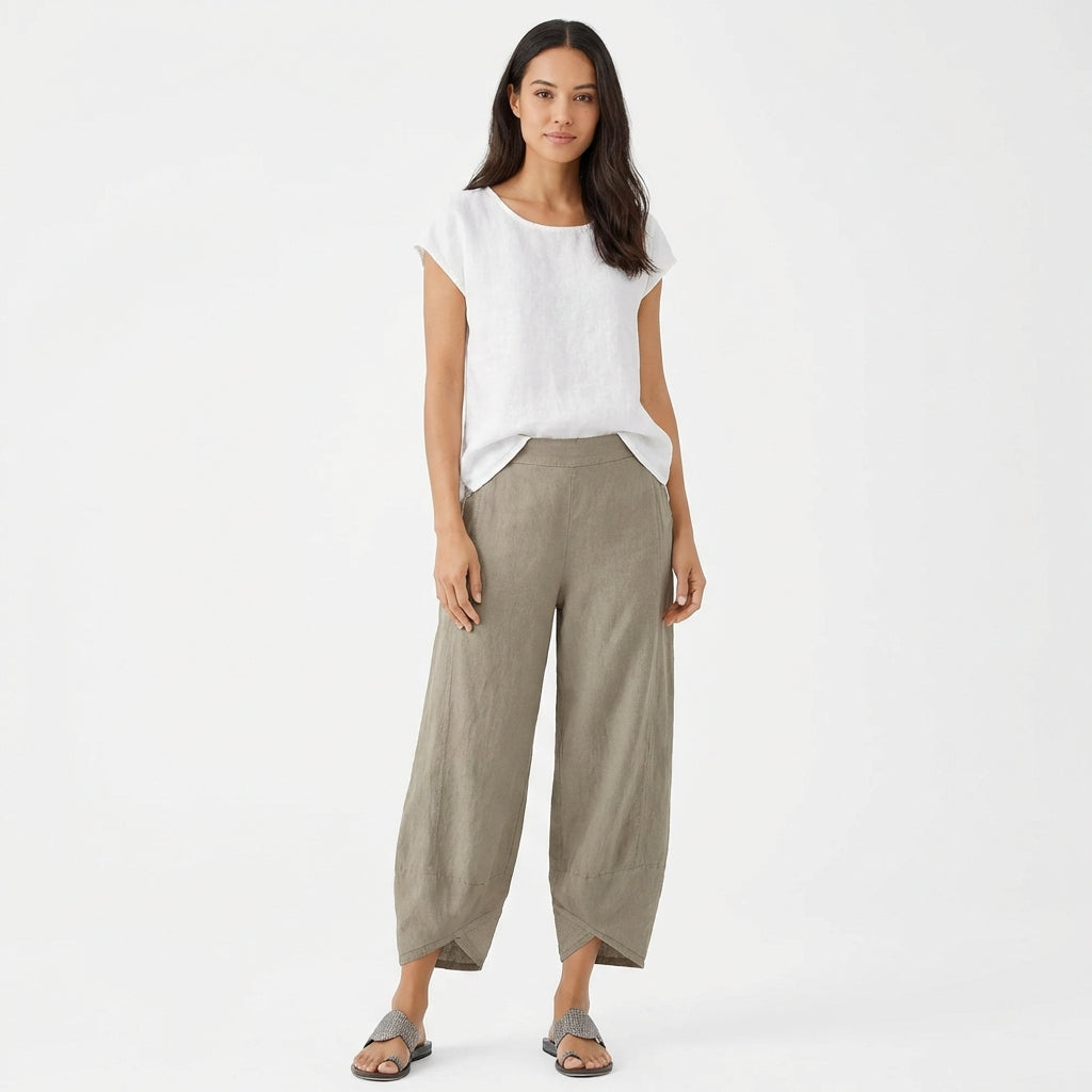 Pantaloni Culotte in Cotone e Lino da Donna con Orlo Asimmetrico e Vita Elastica