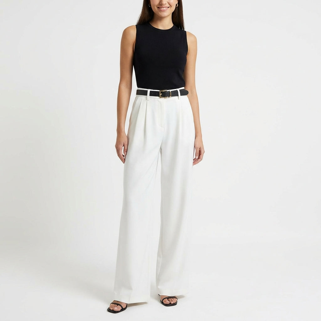 Pantaloni Eleganti da Donna a Vita Alta con Gamba Larga e Pinces Frontali