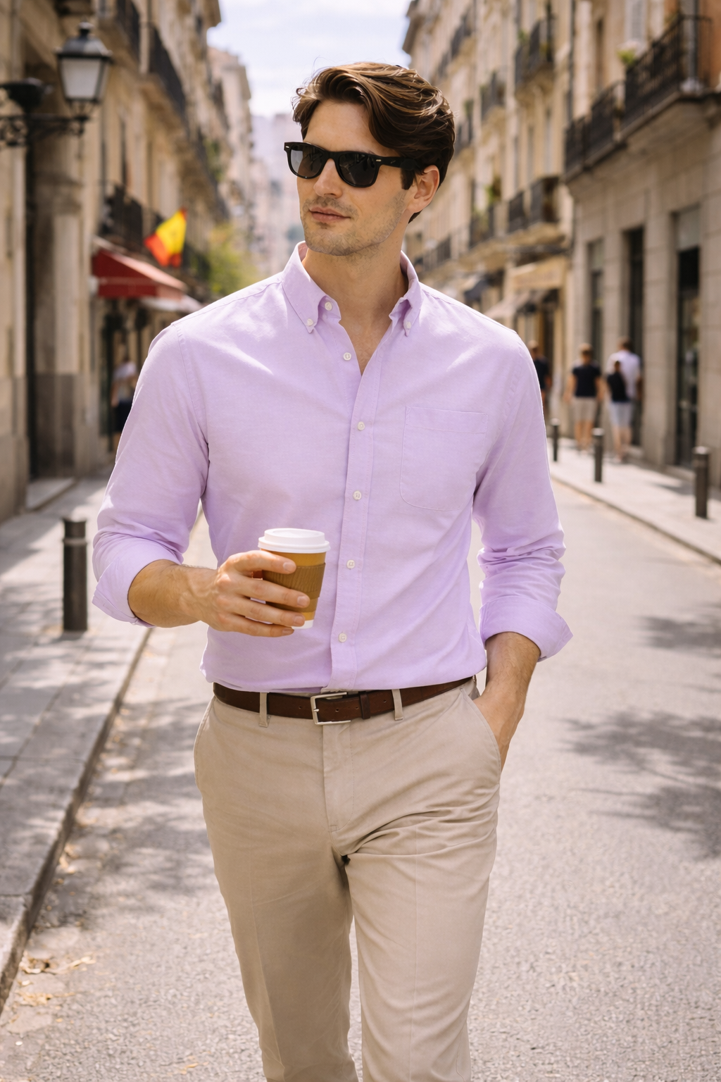 Camisa casual de manga comprida com bolso no peito e corte direito para homem