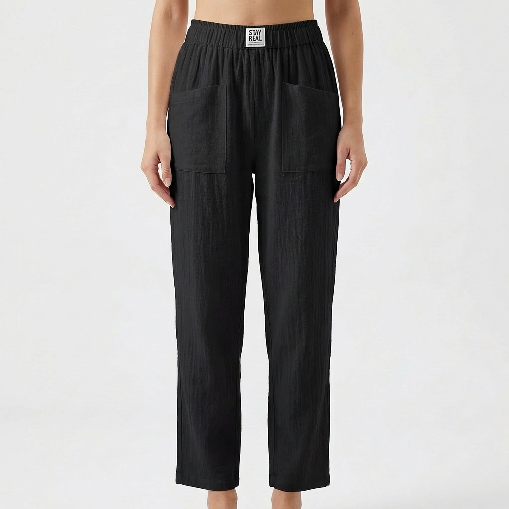 Pantaloni in Cotone e Lino da Donna con Vita Elastica e Tasche a Toppa