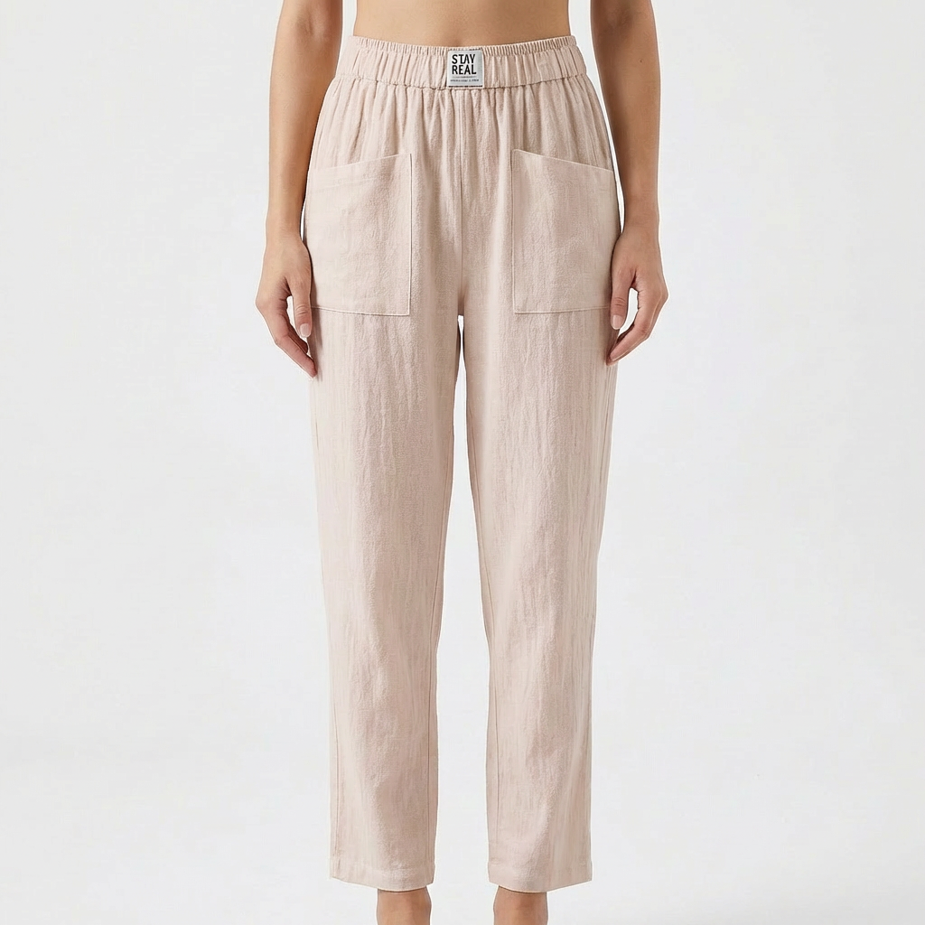 Pantaloni in Cotone e Lino da Donna con Vita Elastica e Tasche a Toppa