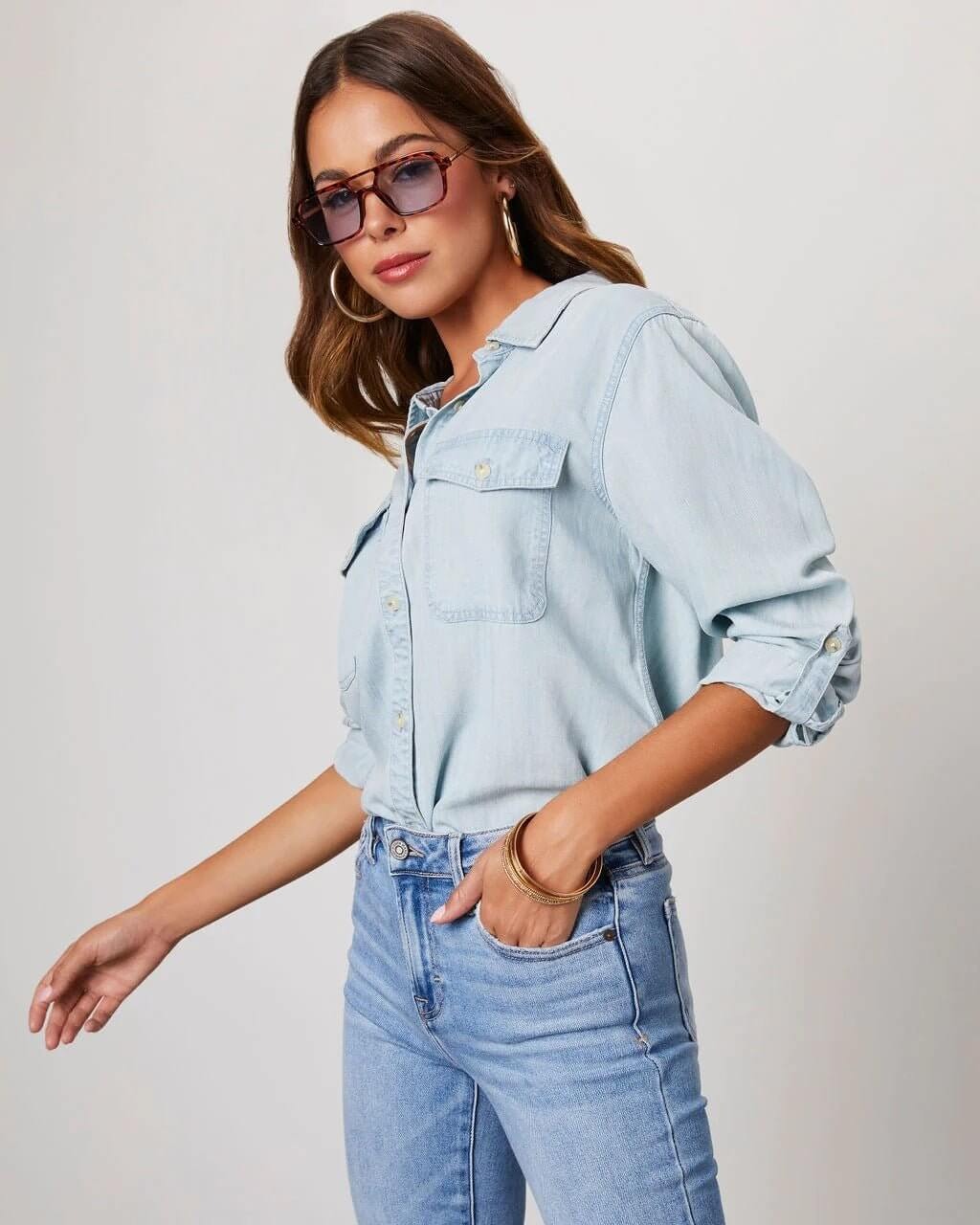 Camicia in denim di poliestere da donna con colletto a risvolto e maniche lunghe