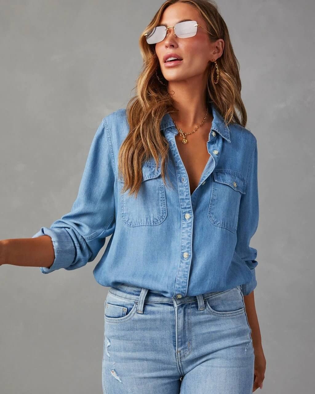 Polyester Denim Shirt for Women with Spread Collar and Long Sleeves