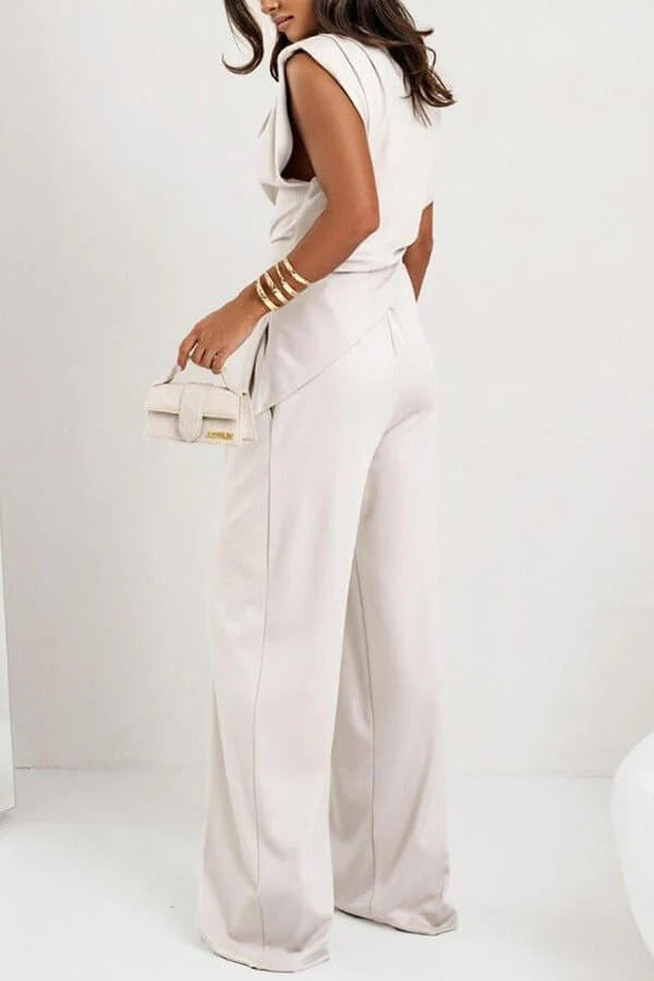 Long Pants and Sleeveless Top Set with Round Neck and Draped Detail