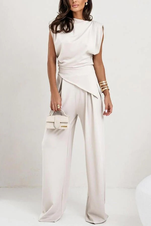 Long Pants and Sleeveless Top Set with Round Neck and Draped Detail