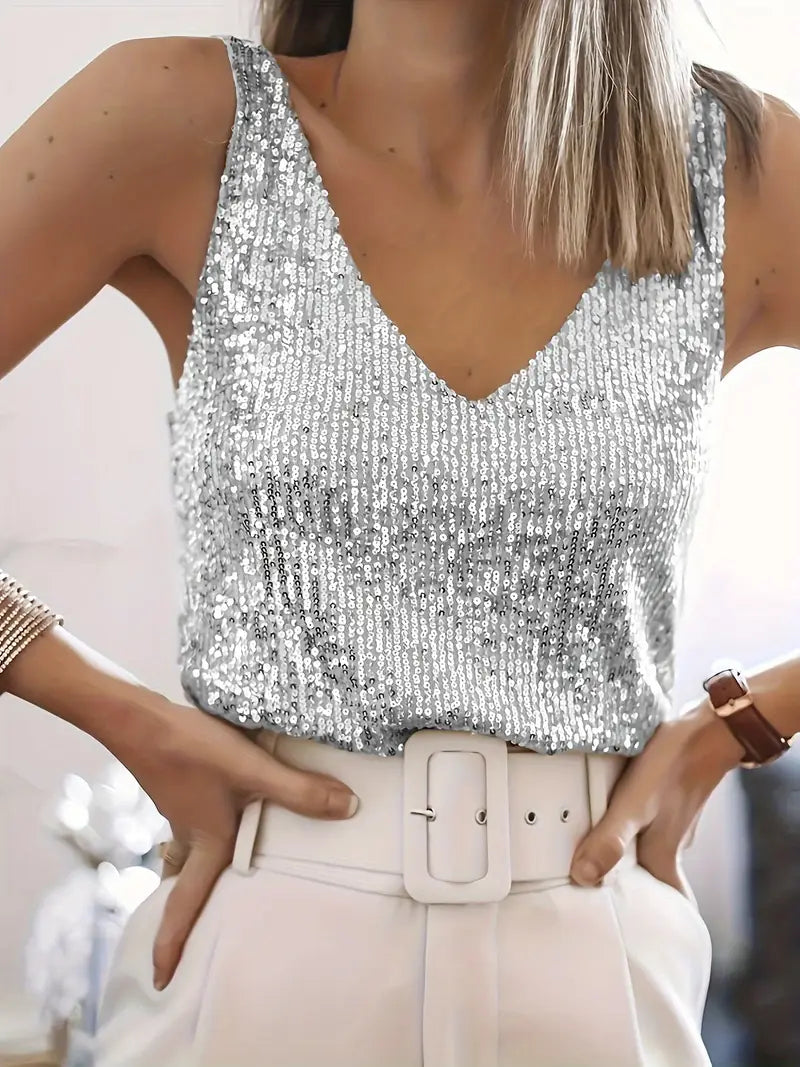 Női pántos flitteres top V-nyakkal, elegáns party stílusban