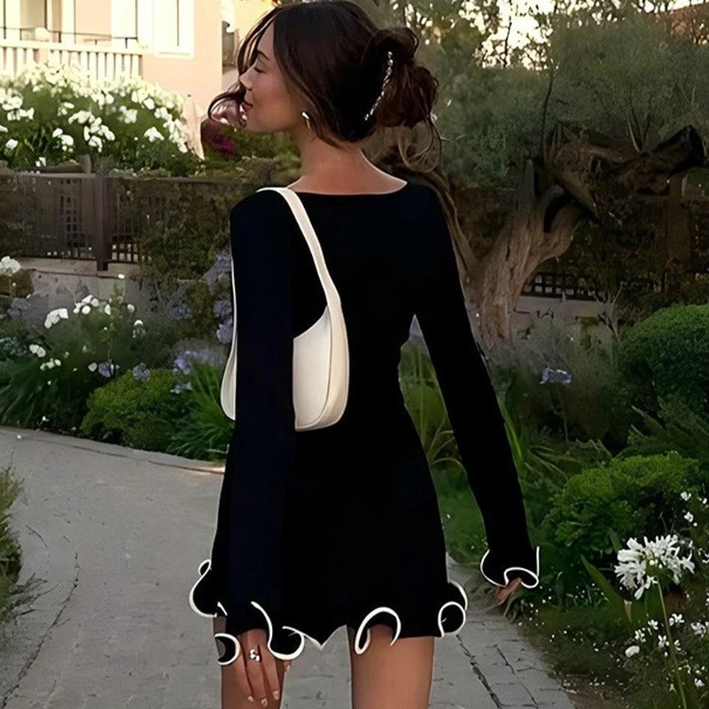 Mini Polyester and Spandex Dress with Round Neck and Ruffled Hem