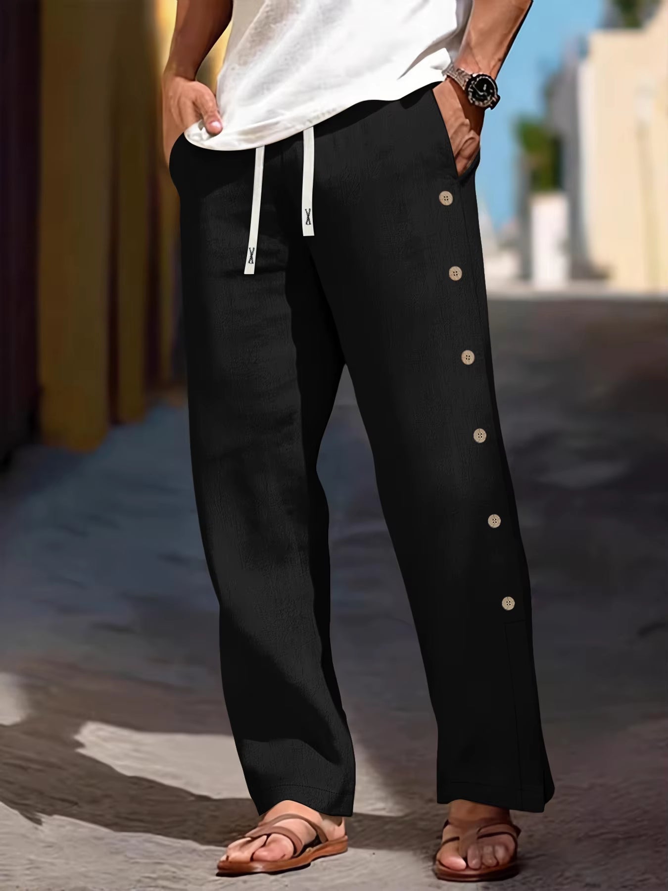 Pantaloni de in pentru femei cu talie elastică și detaliu cu nasturi laterali