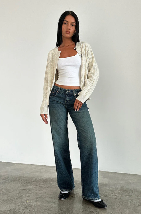 Blugi cu picior drept pentru femei, cu talie joasă și denim elastic