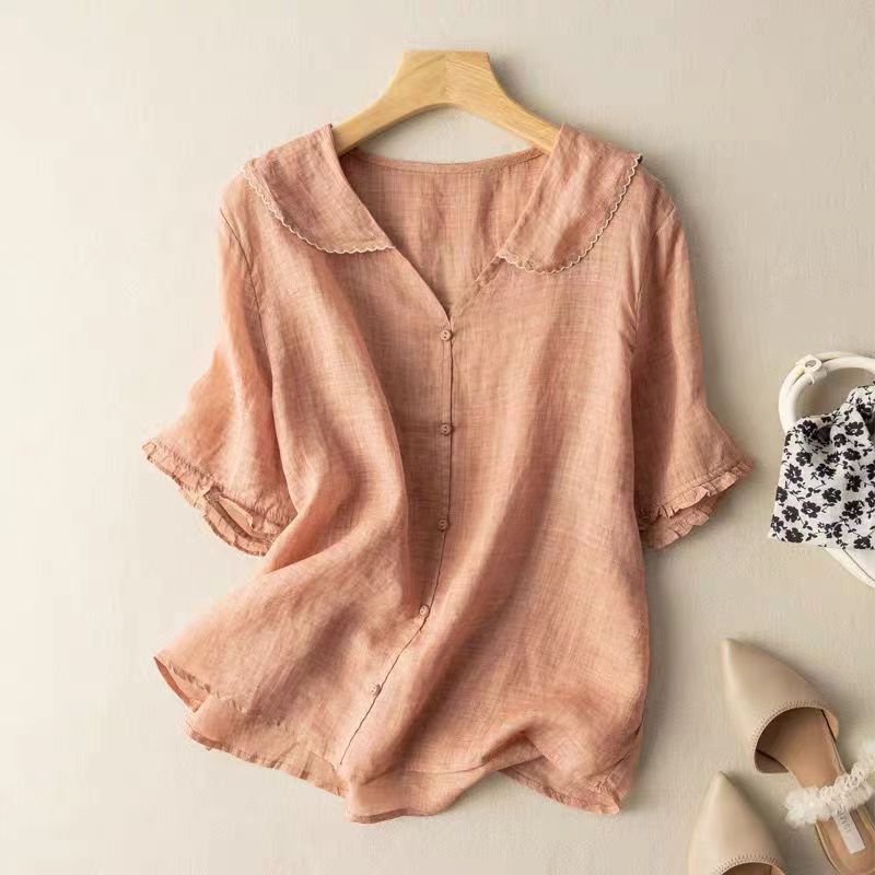 Blouse en lin style vintage avec col festonné et boutons pour femme
