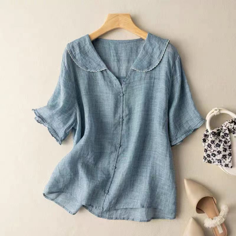 Blouse en lin style vintage avec col festonné et boutons pour femme