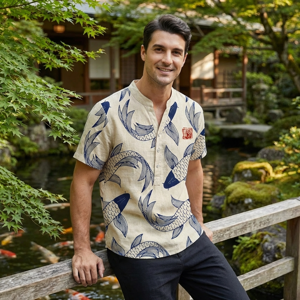 Camicia da Uomo in Poliestere con Stampa di Pesci e Colletto Mao a Maniche Corte