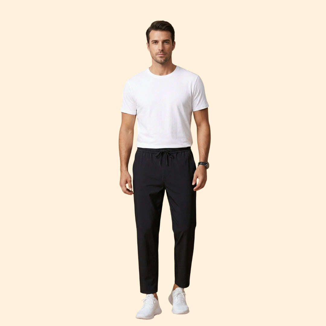 Men's Dress Pants with Elastic Waist and Ankle-Length Cut