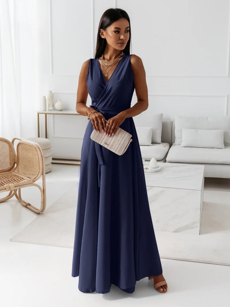 Abito da Invitata a Matrimonio con Scollo a V e Gonna Maxi Fluida per Donna