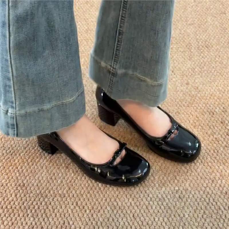 Block Heel Ballet Flats with Floral Buckle for Women
