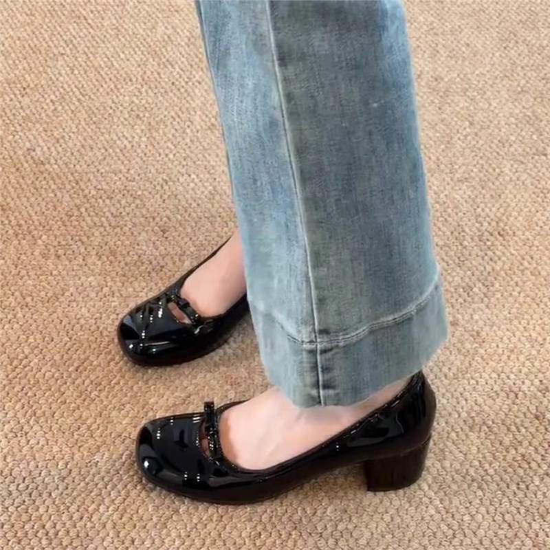 Block Heel Ballet Flats with Floral Buckle for Women