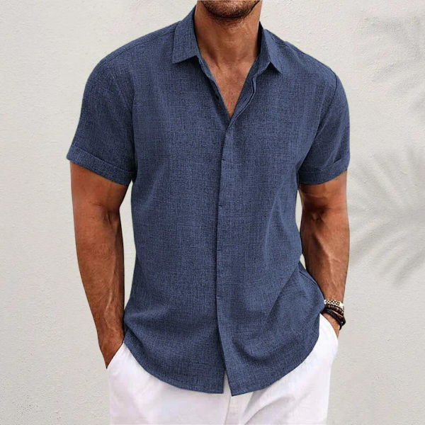 Camisa de Lino para Hombre de Manga Corta con Cuello de Solapa y Botones